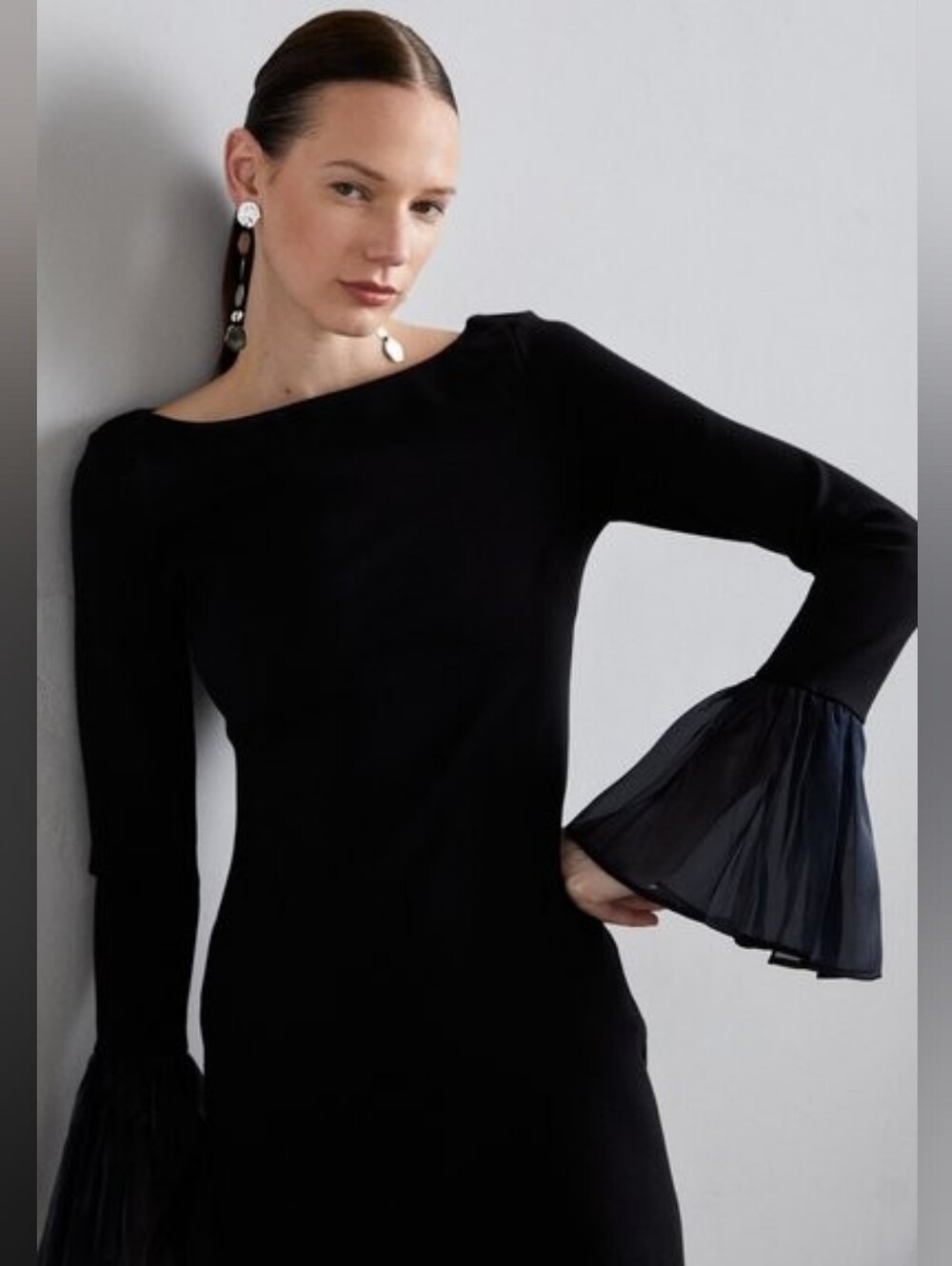 Staud Hawthorne dress mini black dress with navy organza sleeves, xsmall